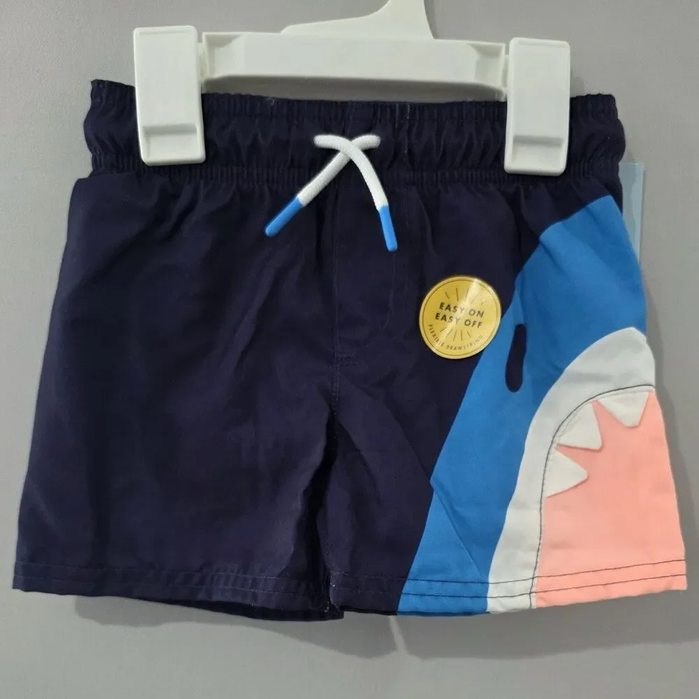 Cat & Jack Boys Shark Graphic Swim Trunks 2T Blue/Navy UV Elastic Drawstring